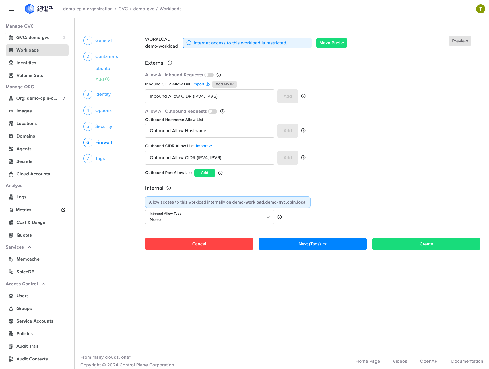 Screenshot shows flexible inbound and outbound request controls