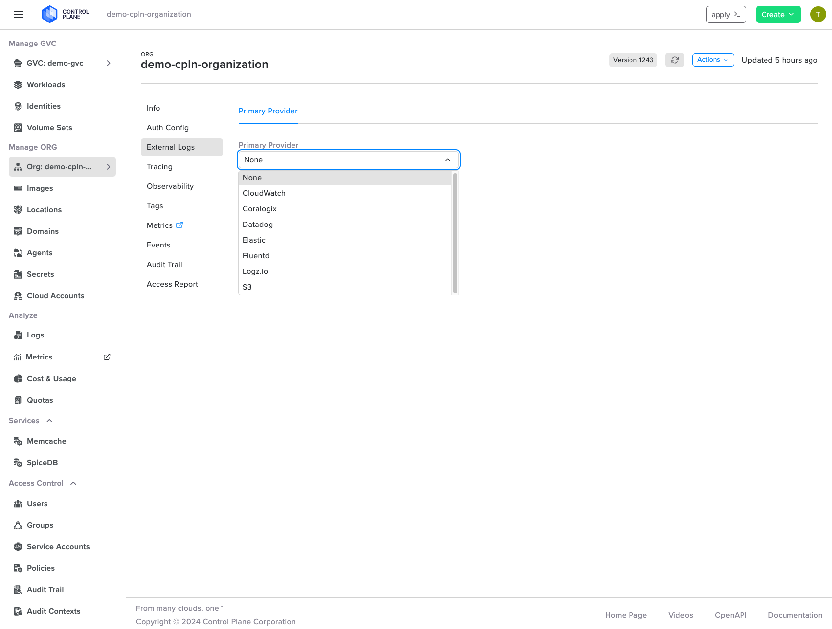 Screenshot shows the option to integrate with external log providers, such as CloudWatch, Datadog, Logz.io, S3 and more.